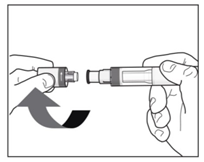 Mani che tengono un dispositivo medico con due connettori e una freccia nera che indica la direzione di rotazione