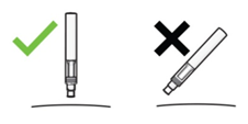 Penna iniettabile corretta in posizione verticale con segno di spunta verde e penna errata inclinata con croce nera