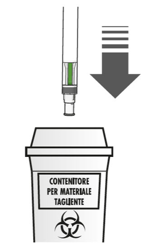 Siringa con ago che si inserisce in un contenitore per materiali taglienti con simbolo di rischio biologico freccia verso il basso