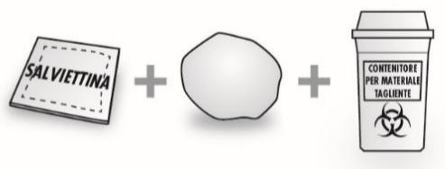 Salviettina disinfettante, una fiala di medicinale e un contenitore per materiali taglienti con simbolo di rischio biologico