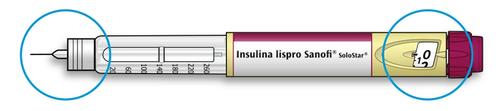 Penna per insulina lispro Sanofi SoloStar con cerchi blu che evidenziano l