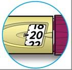 Penna iniettabile gialla con numeri bianchi da 10 a 22 e parte rossa posteriore