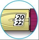 Penna precompilata gialla con numeri 20 e 22 in bianco e parte rossa alla base circondata da un anello azzurro