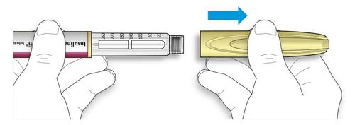Penna per insulina gialla tenuta da due mani con indicazioni di dosaggio visibili e freccia blu che indica la direzione