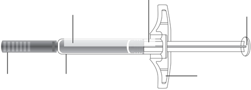 Siringa pre-riempita con stantuffo retratto e ago metallico esposto vista laterale schema dettagliato