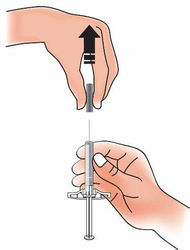 Mano che tiene una siringa preriempita con ago rivolto verso il basso e un dispositivo di sicurezza attivato con freccia nera