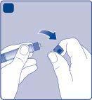 Mani che avvitano un dispositivo blu cilindrico su una fiala, freccia curva indica il movimento di rotazione per il collegamento