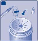 Fiala di medicinale, siringa preriempita e tappo di protezione su flacone con freccia che indica l