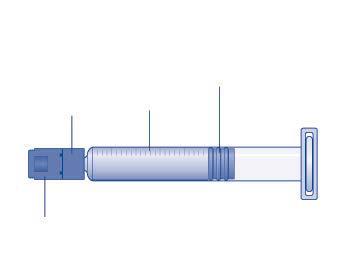 Siringa trasparente con pistone blu e ago metallico, indicazioni di misurazione sul cilindro e tappo di protezione