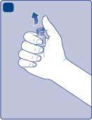 Mano che afferra un flaconcino di vetro blu con un tappo viola e una freccia blu indica la parte superiore del flaconcino