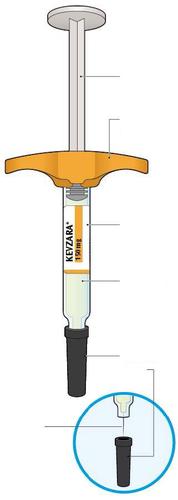 Siringa pre-riempita KEYZARA da 150mg con ago protetto da cappuccio e dettaglio ingrandito dell