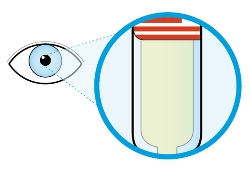 Occhio umano che osserva un flacone medicinale trasparente con liquido chiaro all