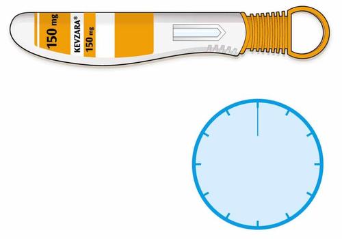 Penna per iniezione arancione e bianca con indicazione 150 mg e cerchio blu diviso in sezioni per la regolazione della dose