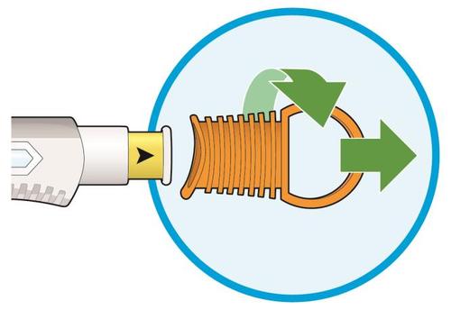Siringa preriempita con stantuffo a molla arancione e freccia gialla che indica la direzione di rilascio del farmaco