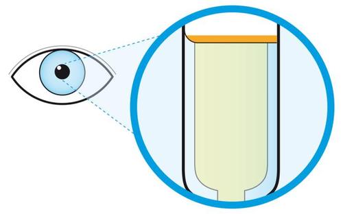 Occhio stilizzato che guarda una fiala trasparente contenente un liquido chiaro all