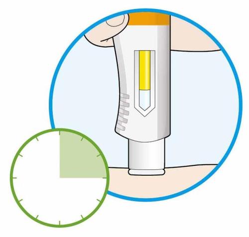 Penna per iniezione con ago inserito nella pelle e timer che indica un tempo di attesa di 10 secondi