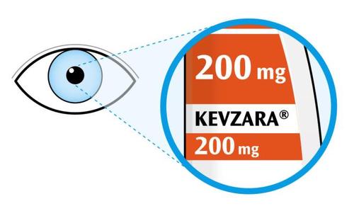 Occhio che osserva una fiala arancione con la scritta &ldquo;200 mg KEVZARA&rdquo; racchiusa in un cerchio azzurro tratteggiato