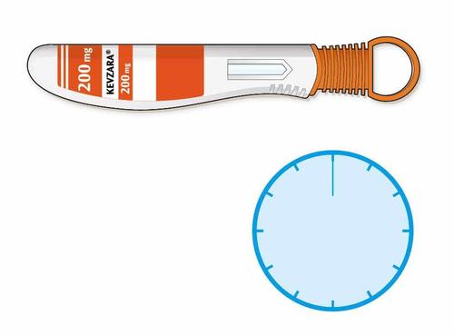 Penna precompilata arancione con dosaggio 200mg e cerchio azzurro con linea centrale indicante il punto di iniezione