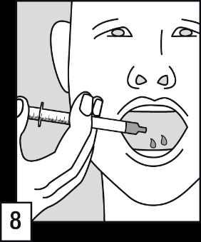 Bocca aperta con siringa che eroga liquido nella cavità orale, mano che tiene lo strumento e contorno stilizzato di una testa