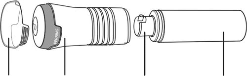 Dispositivo medico smontato con componenti cilindriche e connettori a incastro etichettato FERRING