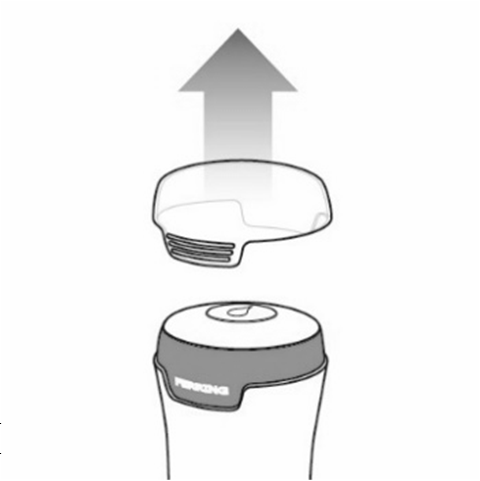 Fiala medicinale con tappo protettivo superiore sollevato da un contenitore cilindrico grigio con marchio visibile