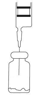 Siringa che preleva farmaco da un flaconcino trasparente con tappo di gomma attraverso l