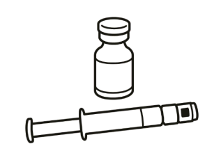 Fiala di medicinale con tappo e siringa senza ago posizionata orizzontalmente sotto la fiala