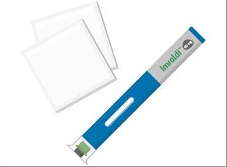 Penna per iniezione Imraldi blu e bianca con quattro tamponi di cotone bianchi sullo sfondo