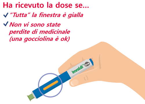 Mano che tiene una penna per iniezione Imraldi con ago trasparente e cerchio blu attorno al punto di iniezione