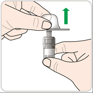 Mano che tiene il dispositivo iniettabile con cappuccio protettivo bianco e freccia verde verso l