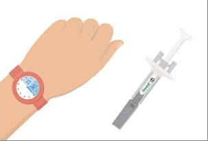 Braccio con orologio rosso che indica 15 secondi e siringa precompilata accanto per iniezione sottocutanea