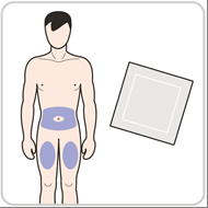 Uomo stilizzato con evidenziate le aree di iniezione intramuscolare nella coscia e nel gluteo, accanto un cerotto adesivo rettangolare
