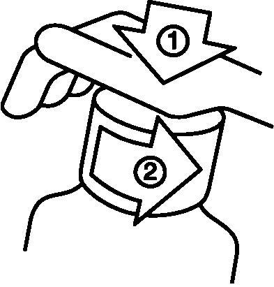 Mano che stringe un dispositivo medico con due indicatori numerati 1 e 2 su un braccio stilizzato