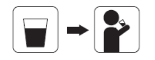 Bicchiere pieno che tramite una freccia indica una persona che assume il contenuto con una mano