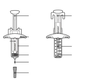 Due siringhe pre-riempite con stantuffo a molla e ago protetto, una vista laterale e una frontale