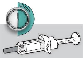 Siringa pre-riempita con ago protetto e timer che indica 30 minuti con sfondo grigio e turchese