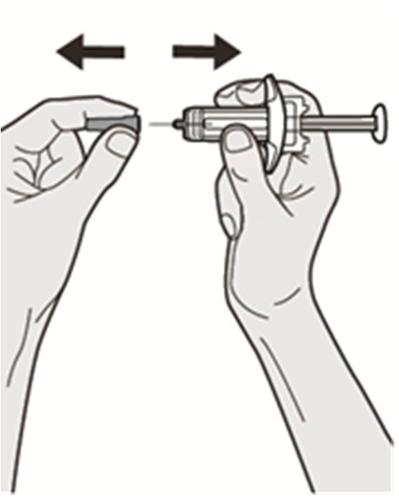 Due mani che maneggiano una siringa preriempita con ago esposto e freccia che indica la direzione del movimento