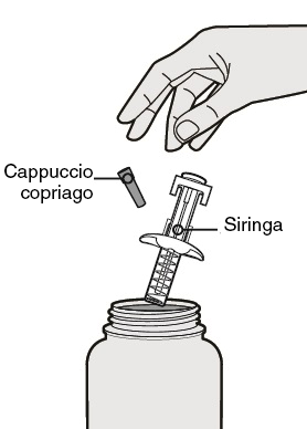 Mano che rimuove il cappuccio protettivo da una siringa piena prelevando il farmaco da un flacone