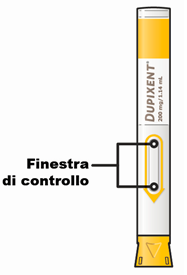 Penna pre-riempita gialla con etichetta &ldquo;DUPIXENT&rdquo; e finestra di controllo evidenziata da un riquadro nero