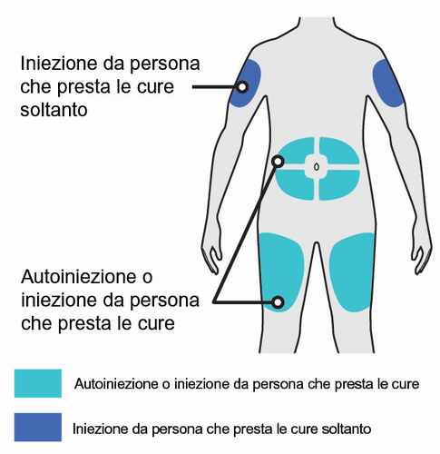 Schema del corpo umano con aree evidenziate in blu e azzurro per siti di iniezione sottocutanea e intramuscolare