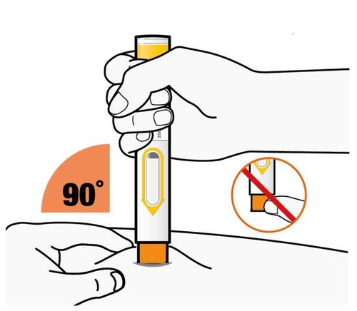 Mano che tiene un dispositivo per iniezione con ago, angolo di 90 gradi indicato, divieto di iniezione intravascolare con simbolo di divieto
