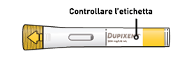 Penna precompilata gialla con freccia e scritta "DUPIXENT" 200 mg/0,8 ml con indicazione freccia sull