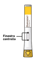Penna per iniezione Dupixent gialla e bianca con finestra di controllo e freccia indicante la parte inferiore