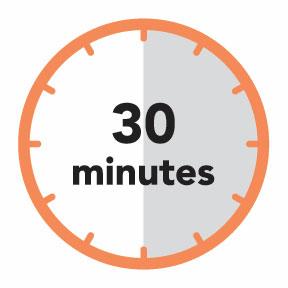 Orologio con numeri neri su sfondo bianco e arancione che indica le 30 minuti con la scritta minutes sotto