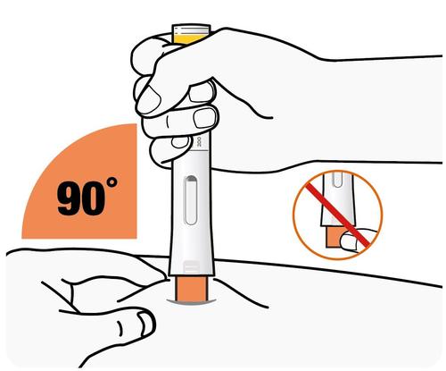 Mano che tiene un dispositivo per iniezione sottocutanea con ago inserito nella pelle ad angolo retto indicato da 90 gradi