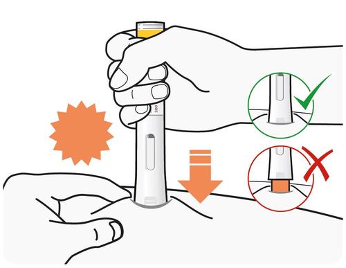 Penna iniettabile con ago che punta verso il basso su pelle con puntino arancione e due cerchi di confronto con spunta verde e croce rossa