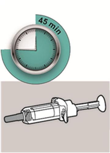Siringa preriempita con stantuffo visibile e orologio con indicazione 45 minuti su sfondo turchese e grigio