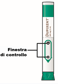 Penna precompilata DUPIXENT 200 mg/2 ml con finestra di controllo indicata da freccia e rettangolo nero
