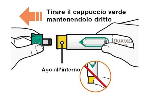 Mani che estraggono il cappuccio verde da un iniettore precompilato con la scritta DUPIXENT e un simbolo di divieto con ago all
