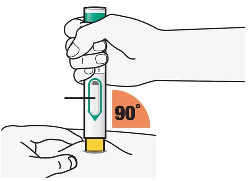 Mano che tiene un dispositivo per iniezione con ago perpendicolare alla pelle indicando un angolo di 90 gradi